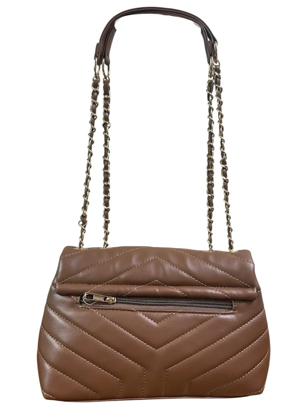 Brown Chevron Quilted Shoulder Bag Gold Chain